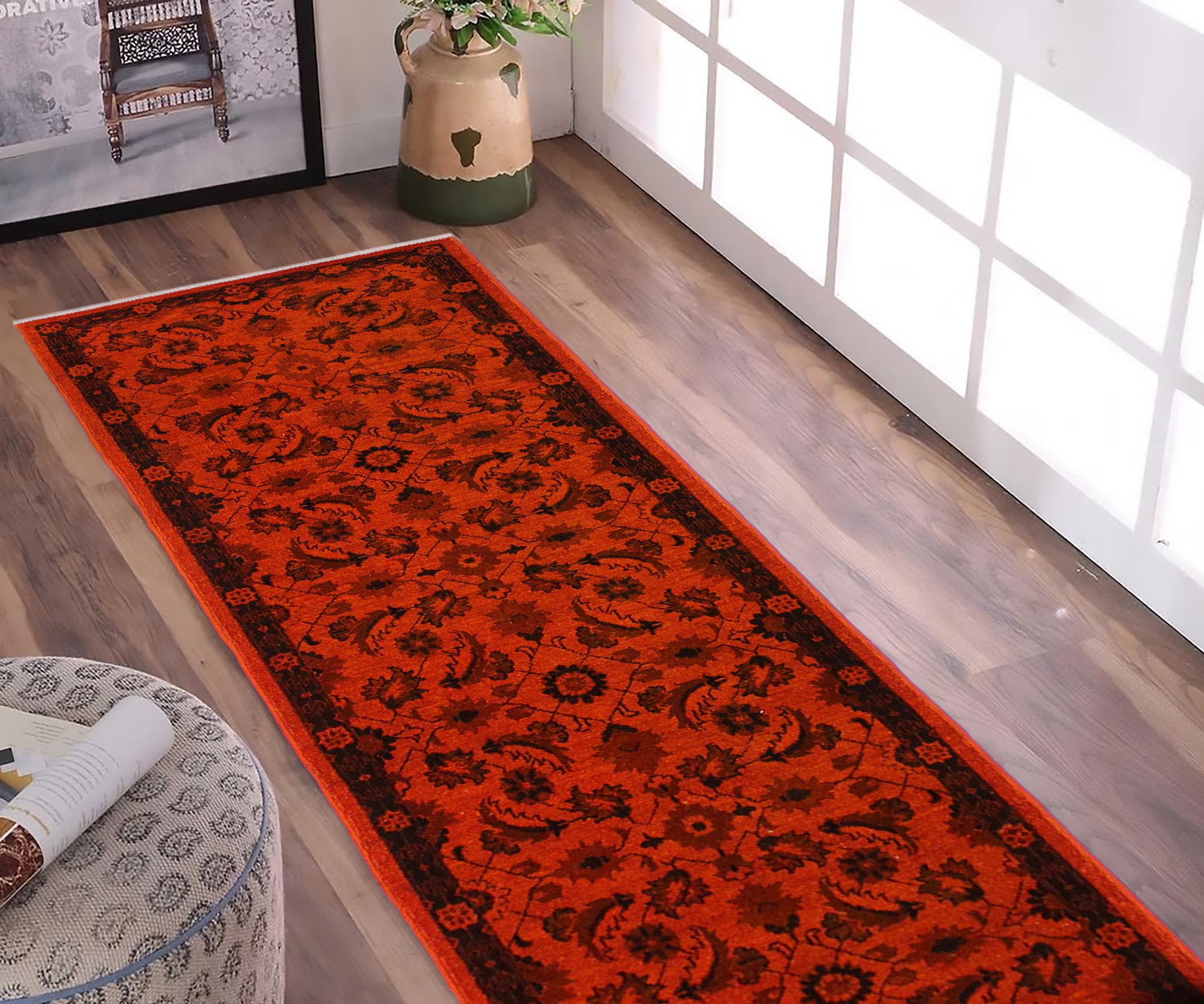 handmade Over Dyed Over Dyed Orange Black Hand Knotted RUNNER 100% WOOL area rug 3' x 12'