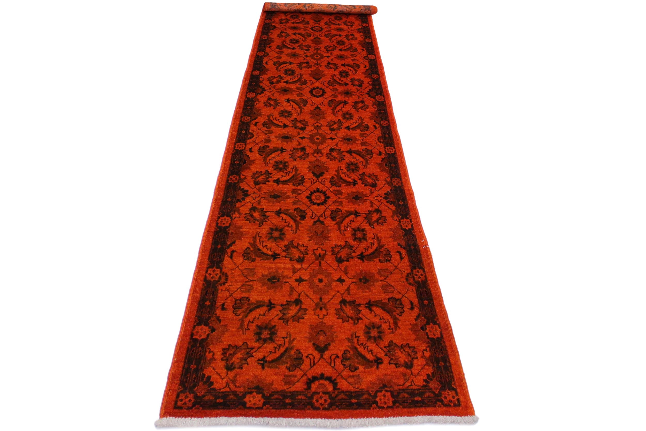 handmade Over Dyed Over Dyed Orange Black Hand Knotted RUNNER 100% WOOL area rug 3' x 12'