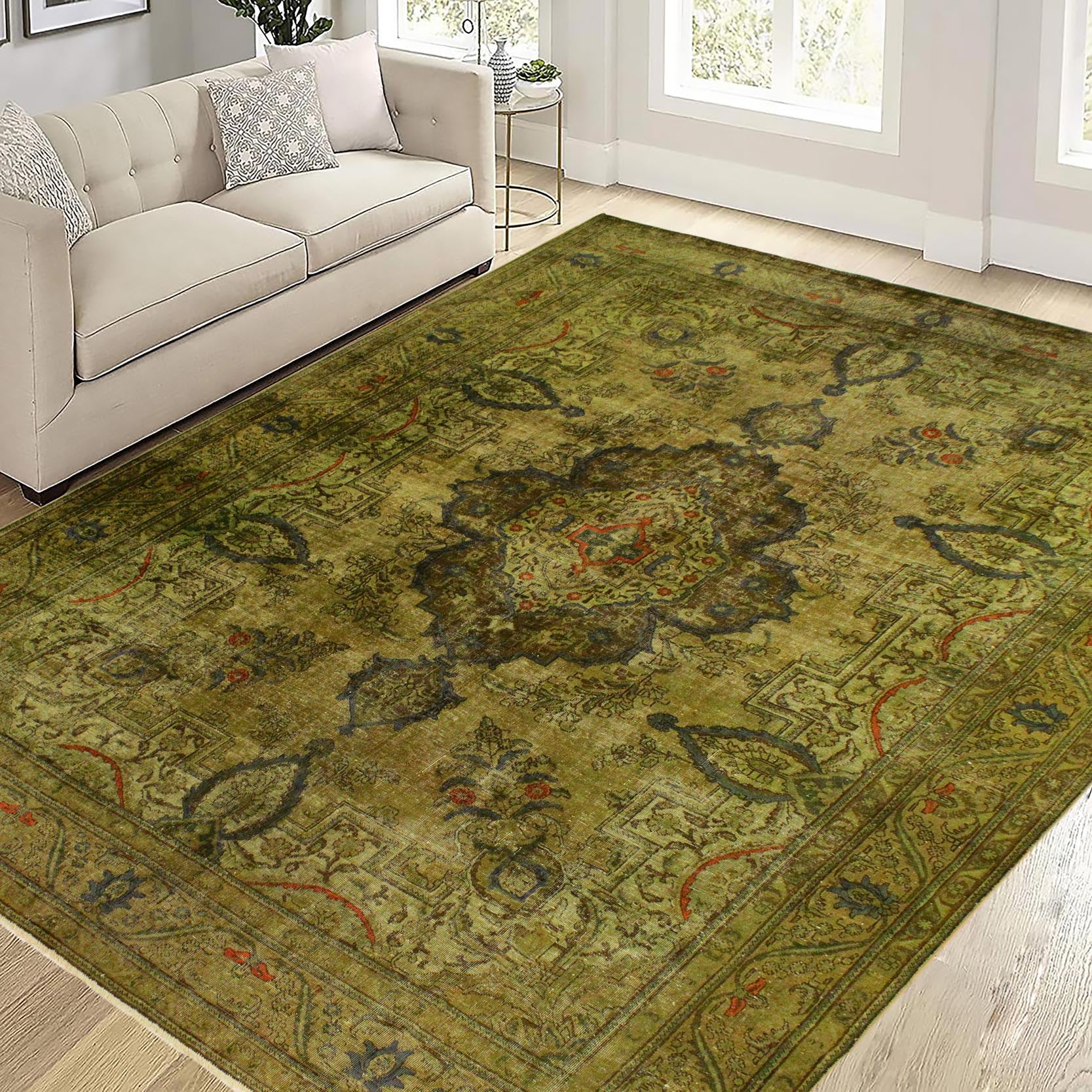 handmade Modern Vintage Green Gray Hand Knotted RECTANGLE 100% WOOL area rug 10' x 13'