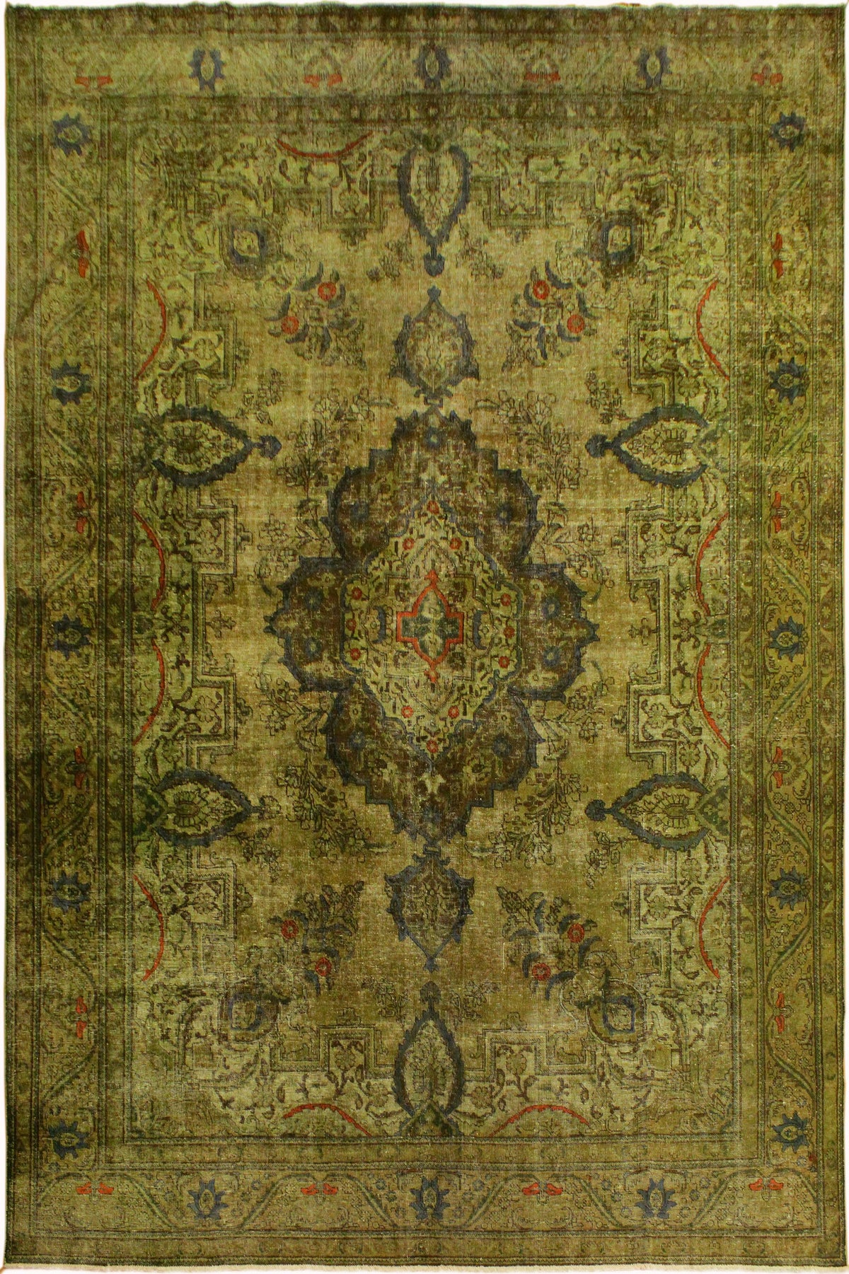 Vintage Distressed Persian Zetta Green/Gray Wool Rug - 9'8''X12'7''