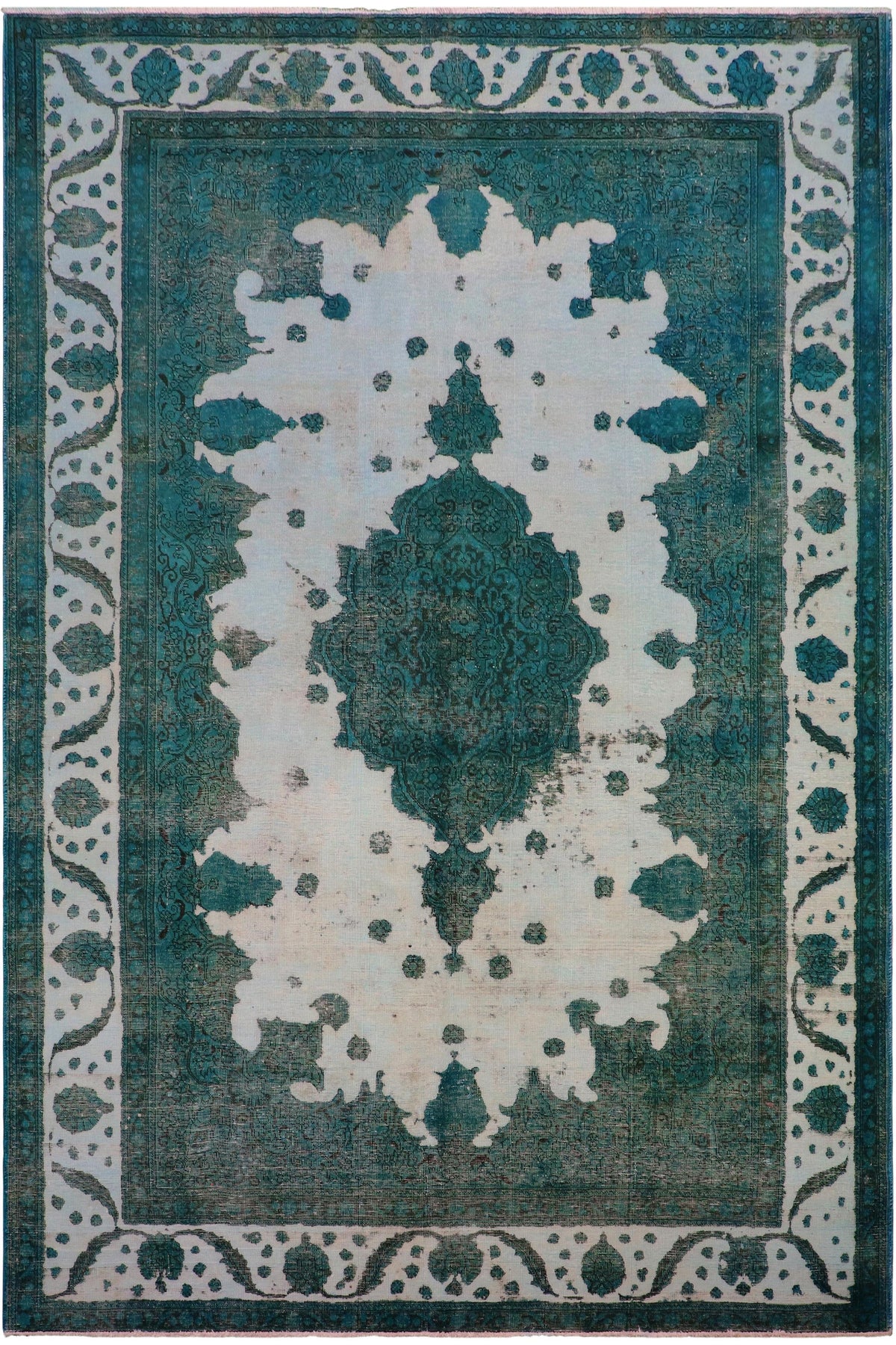 Vintage Distressed Persian Yahaira Ivory/Teal Wool Rug - 7'10'' x 11'5''