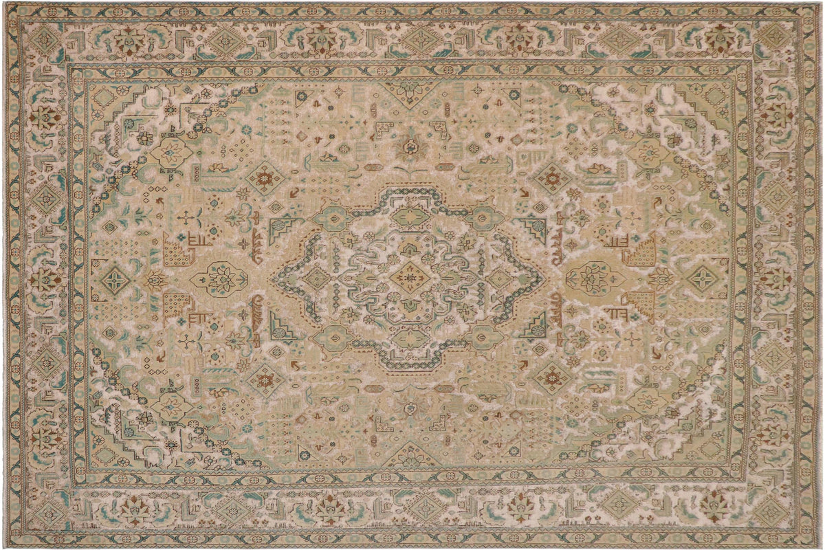 handmade Vintage Vintage White Green Hand Knotted RECTANGLE 100% WOOL area rug 9' x 12'
