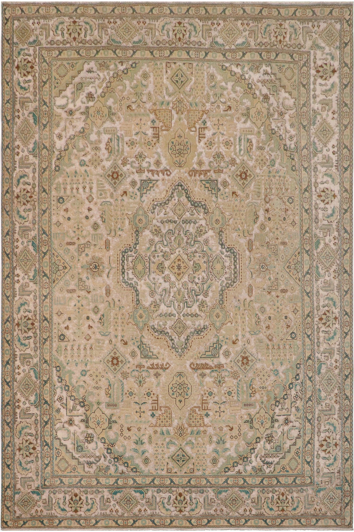 Vintage Distressed Persian Michaele White/Green Wool Rug - 9'4''X12'0''