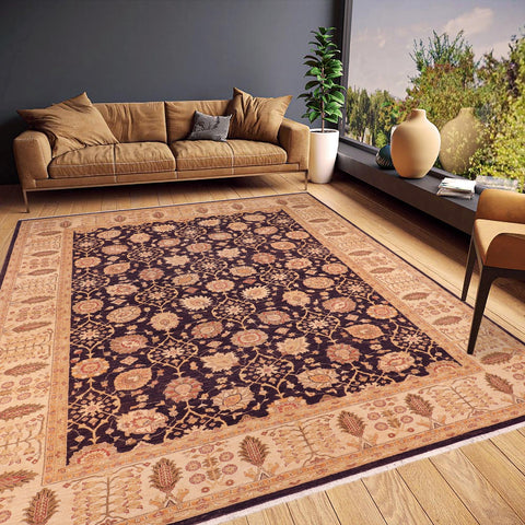 handmade Transitional Kafkaz Aubergine Beige Hand Knotted RECTANGLE 100% WOOL area rug 9' x 12'