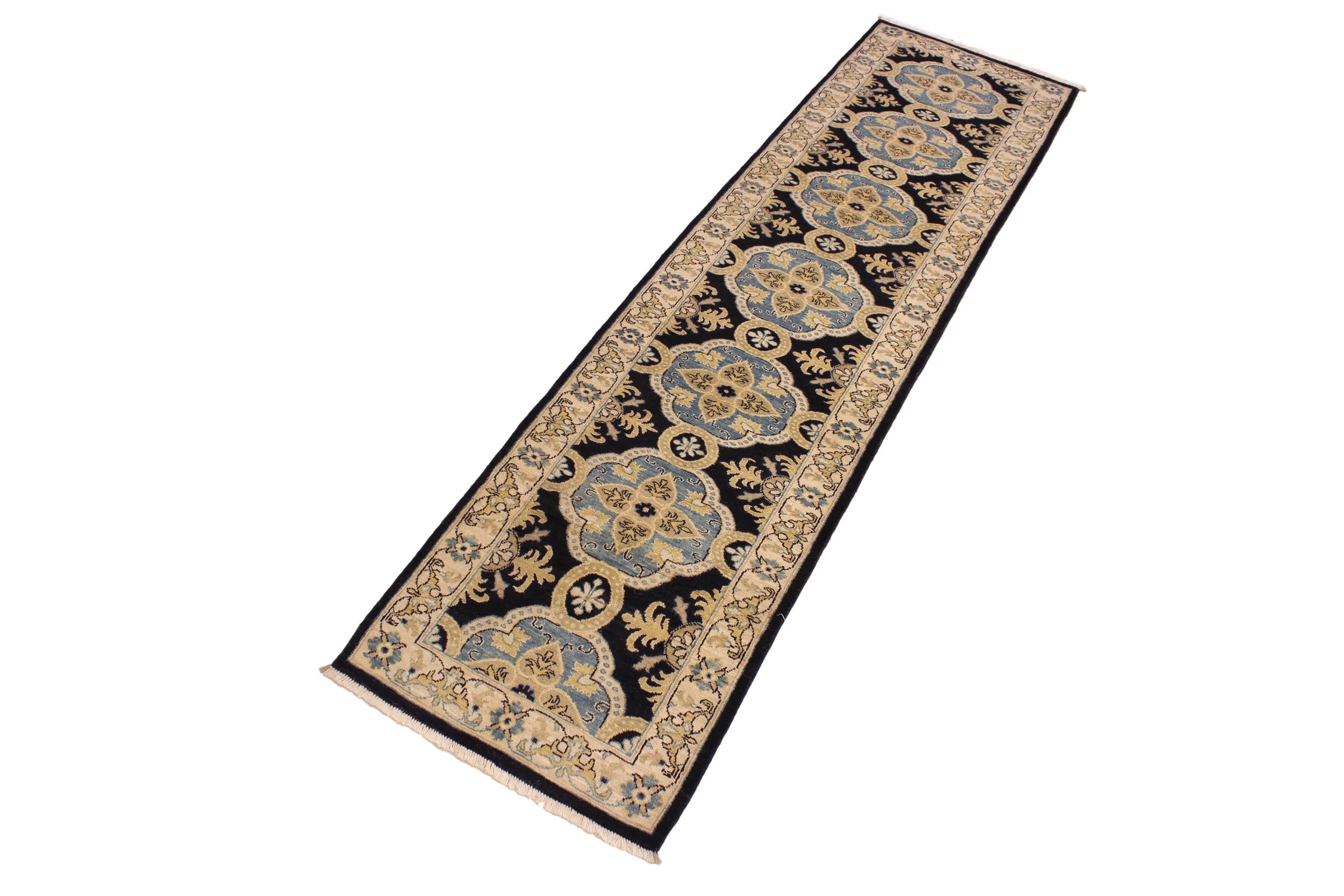handmade Transitional Kafkaz Blue Ivory Hand Knotted RUNNER 100% WOOL area rug 3' x 10'