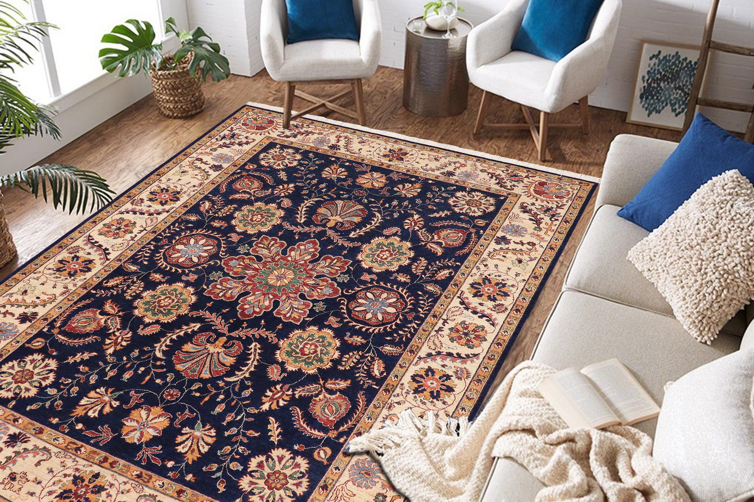 handmade Traditional Kafkaz Blue Beige Hand Knotted RECTANGLE 100% WOOL area rug 7' x 10'