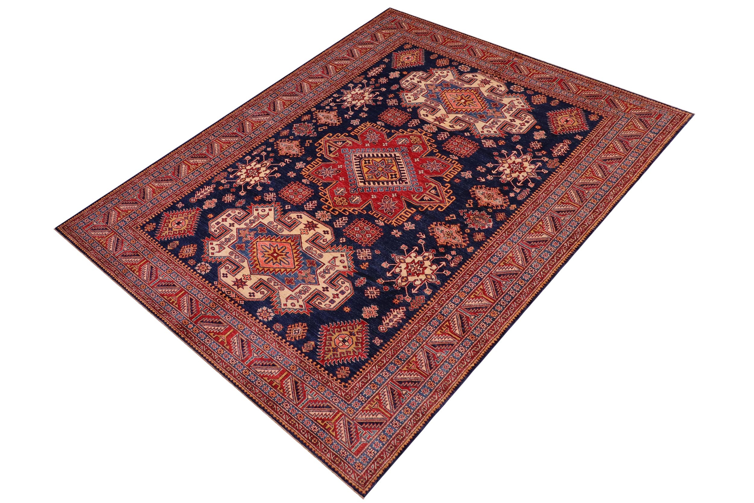 handmade Geometric Super Kazak Blue Red Hand Knotted RECTANGLE 100% WOOL area rug 8' x 10'