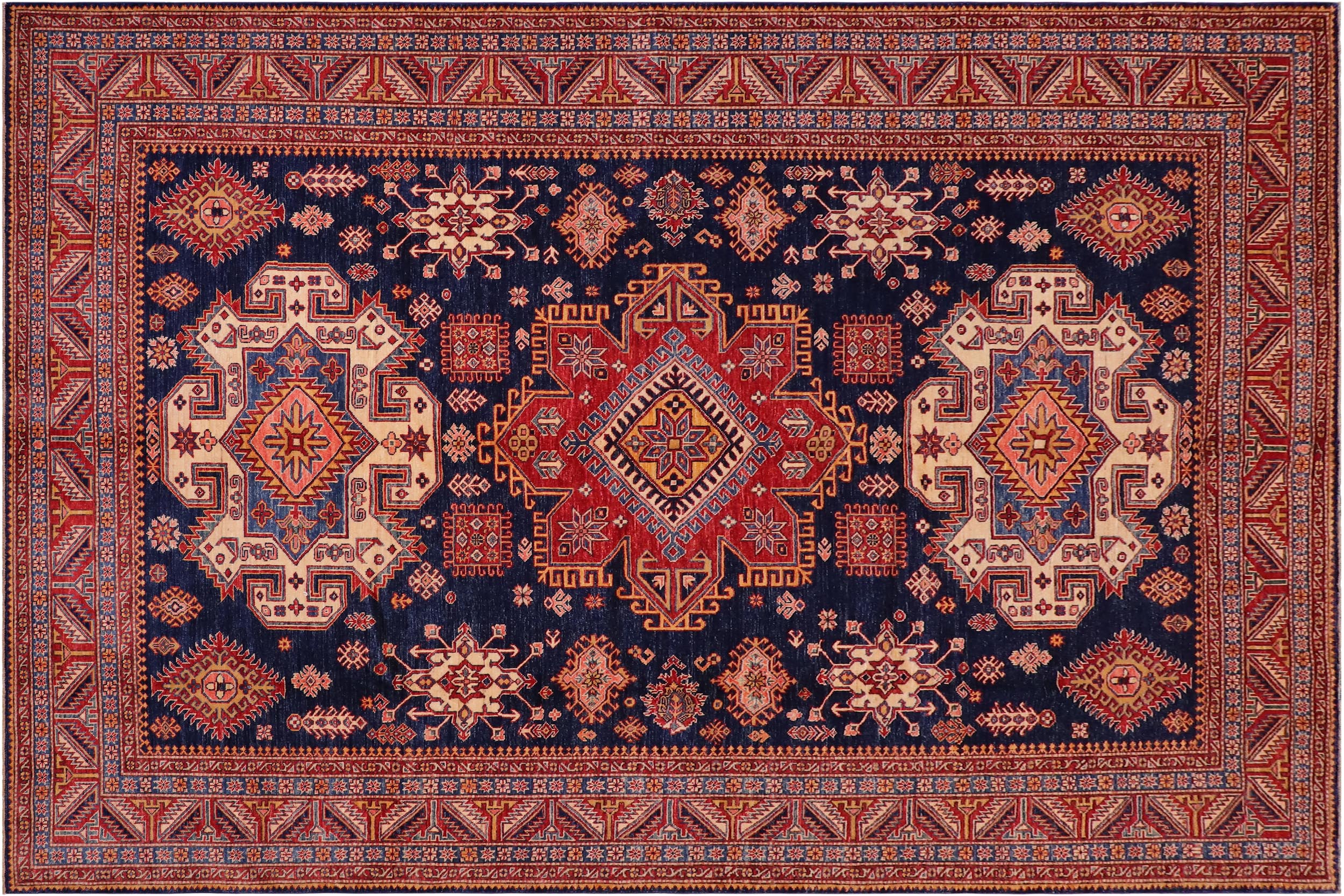 handmade Geometric Super Kazak Blue Red Hand Knotted RECTANGLE 100% WOOL area rug 8' x 10'