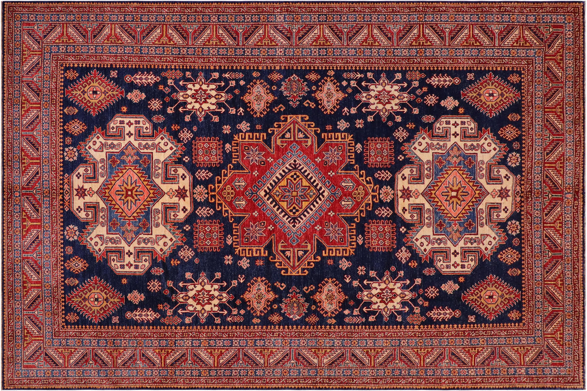 handmade Geometric Super Kazak Blue Red Hand Knotted RECTANGLE 100% WOOL area rug 8' x 10'