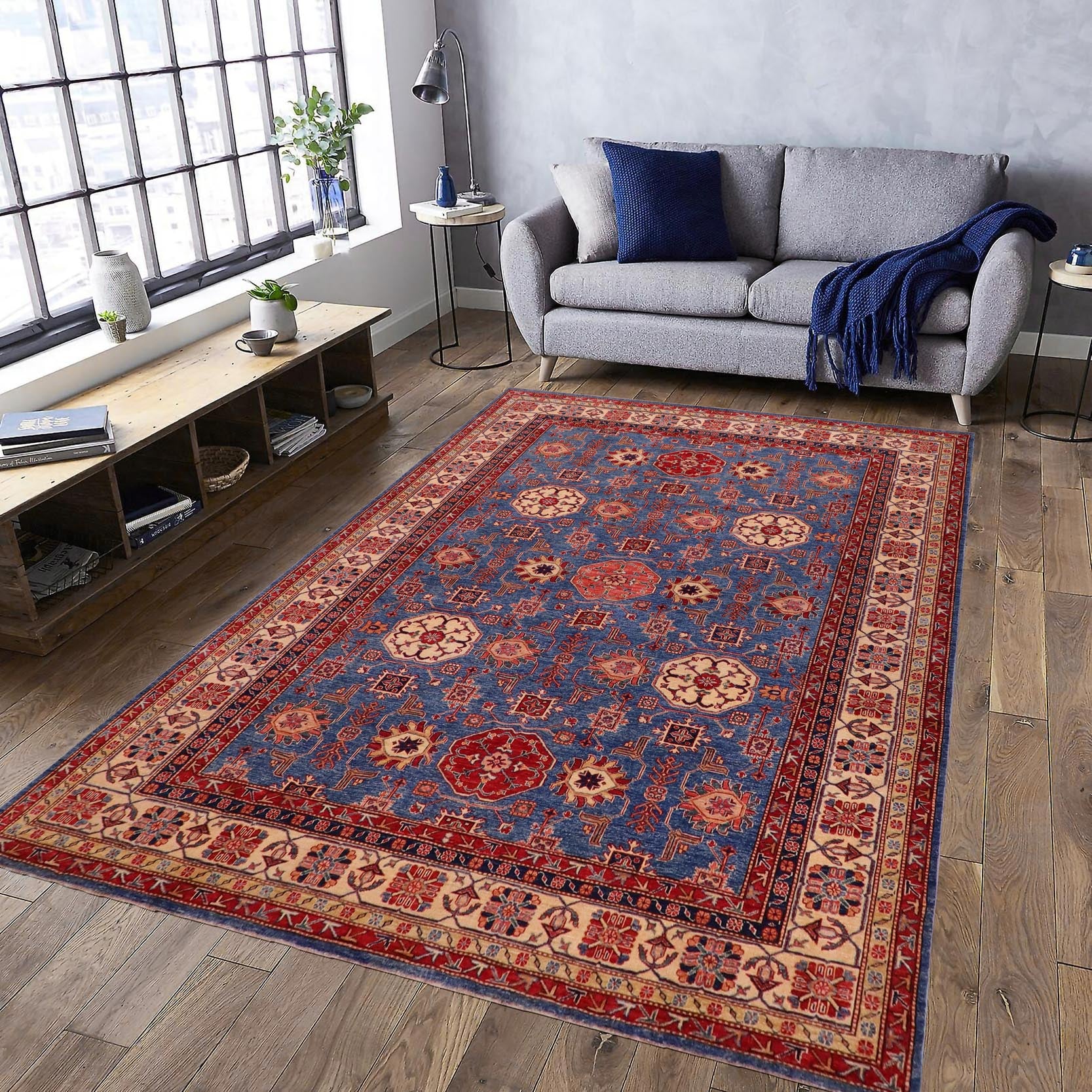 handmade Geometric Super Kazak Lt. Blue Tan Hand Knotted RECTANGLE 100% WOOL area rug 8' x 10'