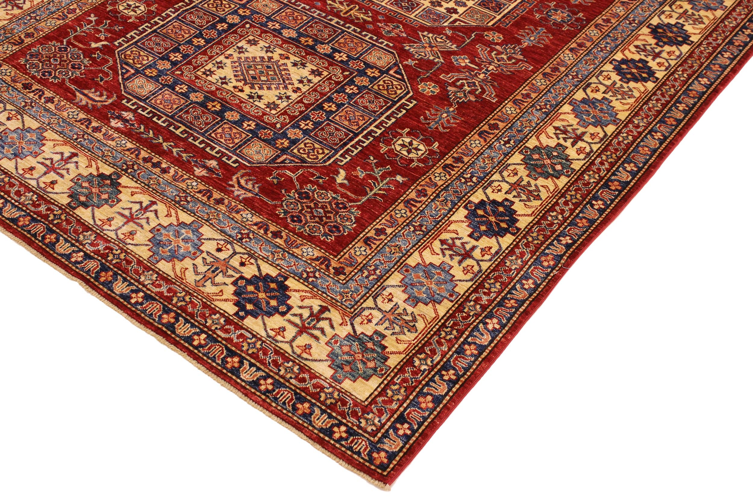handmade Geometric Super Kazak Red Tan Hand Knotted RECTANGLE 100% WOOL area rug 7' x 10'