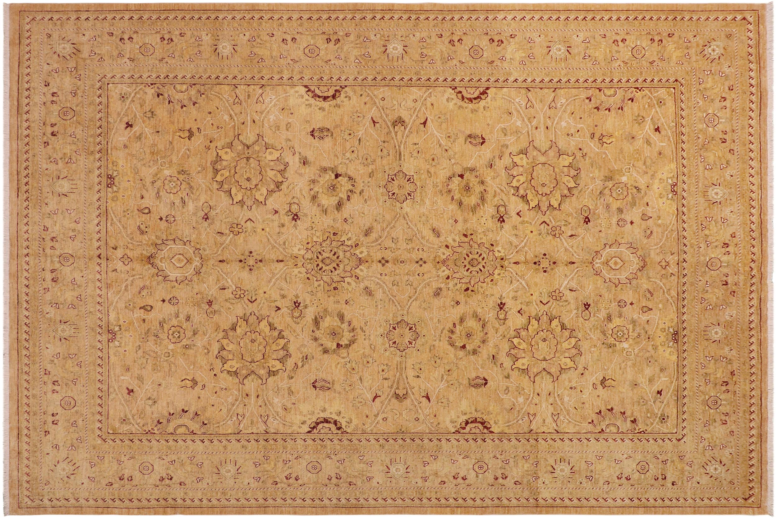 handmade Transitional Kafkaz Tan Red Hand Knotted RECTANGLE WOOL&SILK area rug 9' x 12'