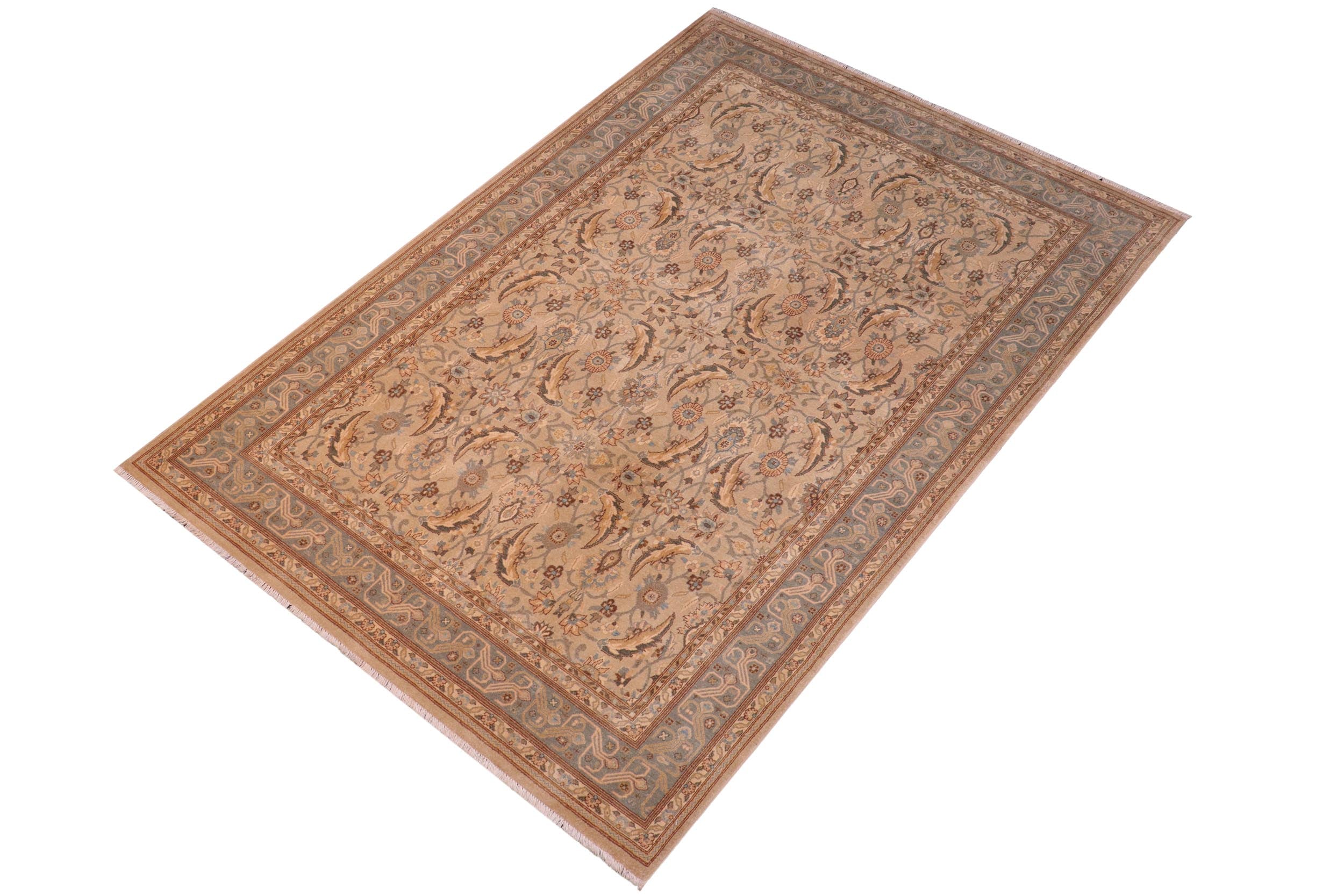 handmade Transitional Lahore Lt. Gray Lt. Green Hand Knotted RECTANGLE 100% WOOL area rug 6' x 9'