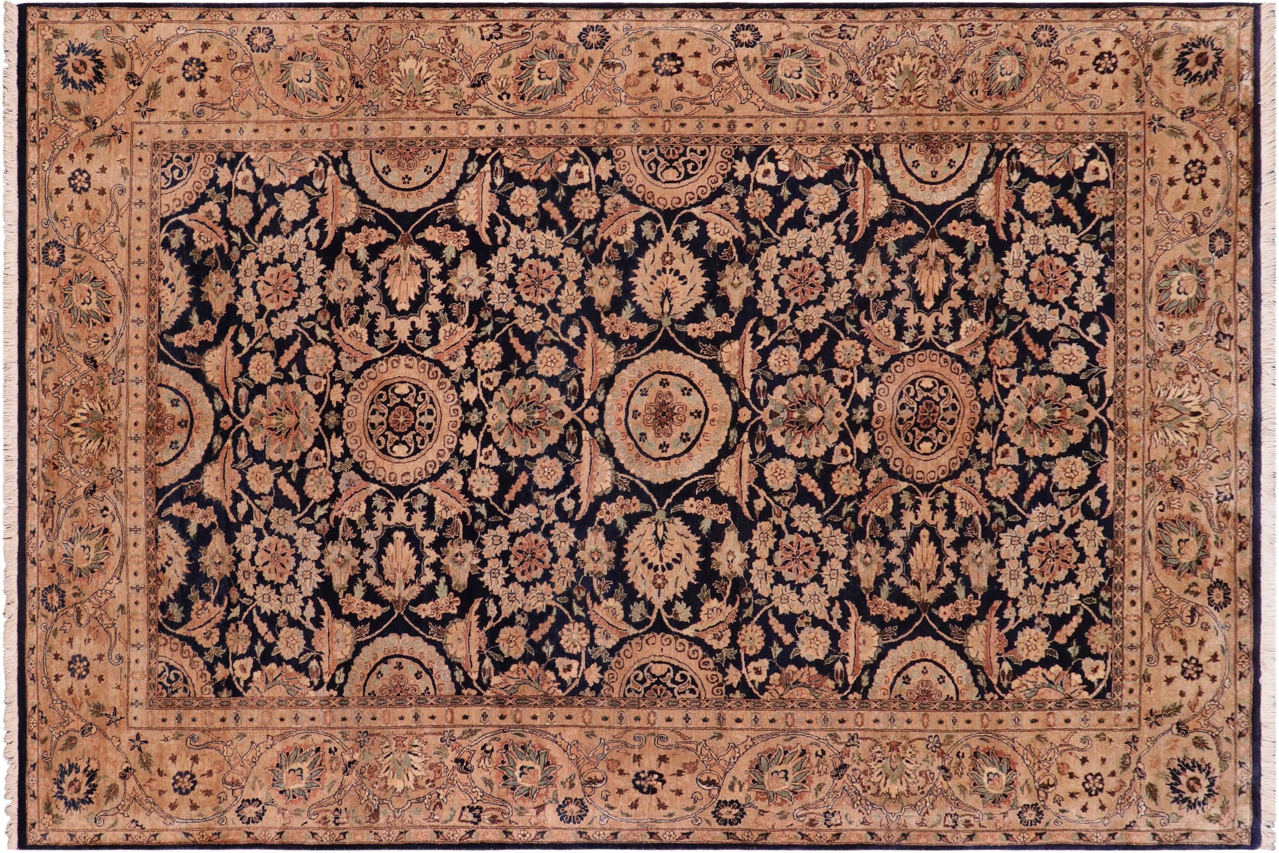 handmade Traditional Agra Tabriz Blue Tan Hand Knotted RECTANGLE 100% WOOL area rug 6 x 9