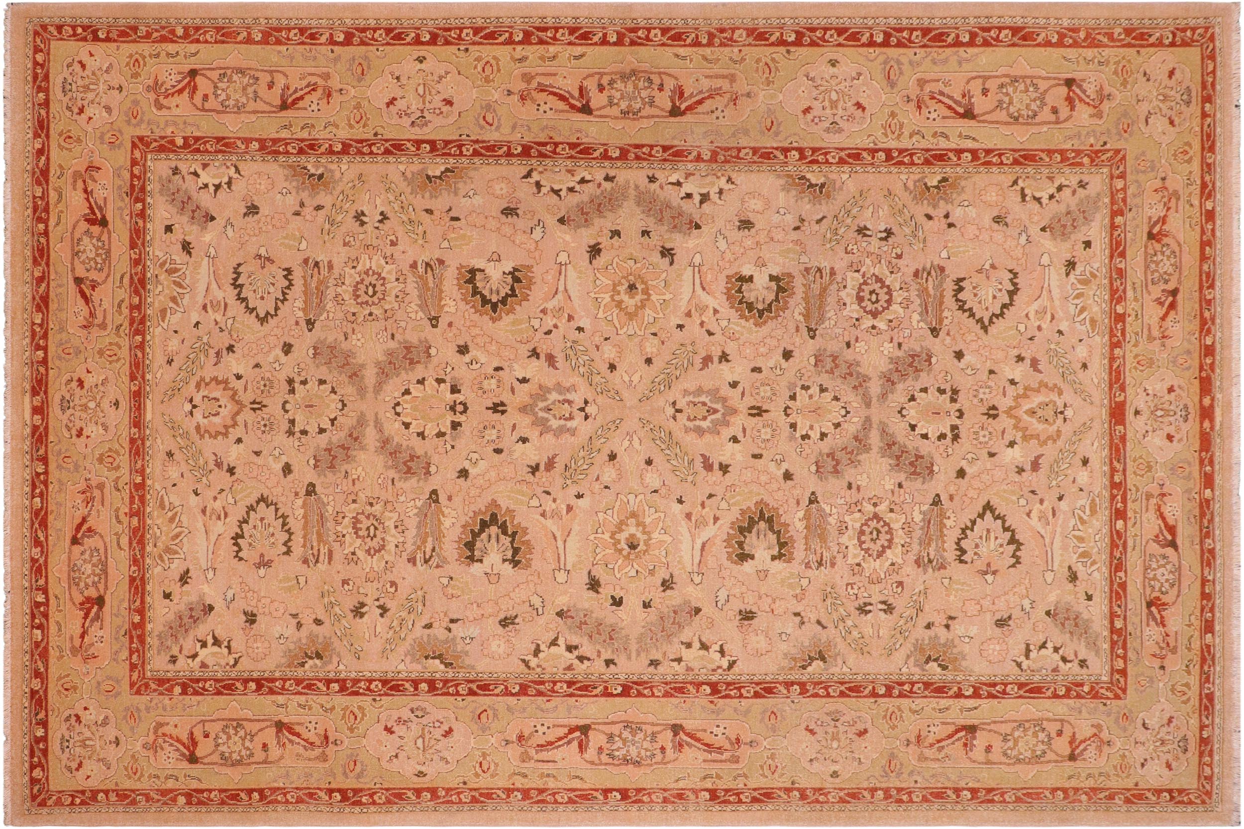 handmade Traditional Lahore Tan Lt. Green Hand Knotted RECTANGLE 100% WOOL area rug 6' x 9'