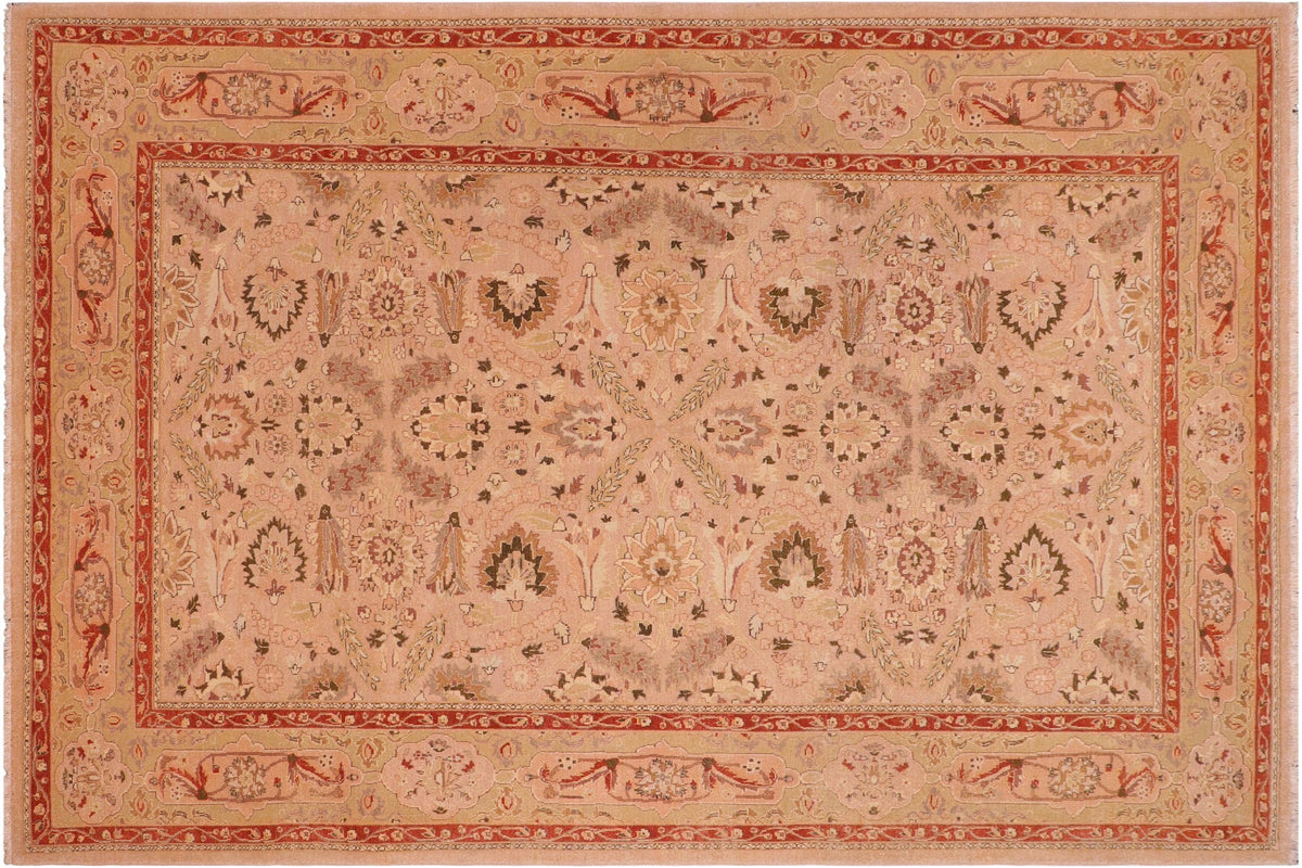 handmade Traditional Lahore Tan Lt. Green Hand Knotted RECTANGLE 100% WOOL area rug 6' x 9'