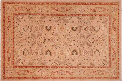 handmade Traditional Lahore Tan Lt. Green Hand Knotted RECTANGLE 100% WOOL area rug 6' x 9'