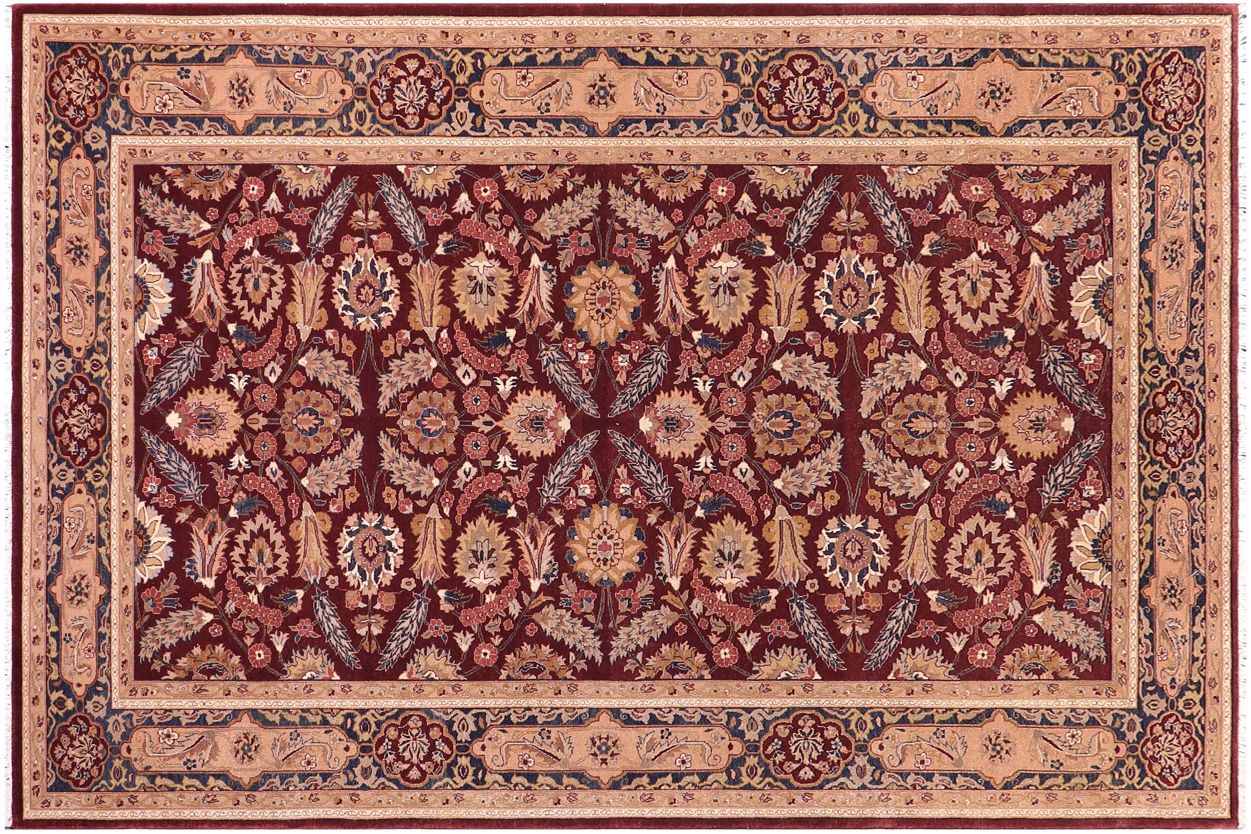 handmade Traditional Lahore Drk. Red Blue Hand Knotted RECTANGLE 100% WOOL area rug 6' x 9'