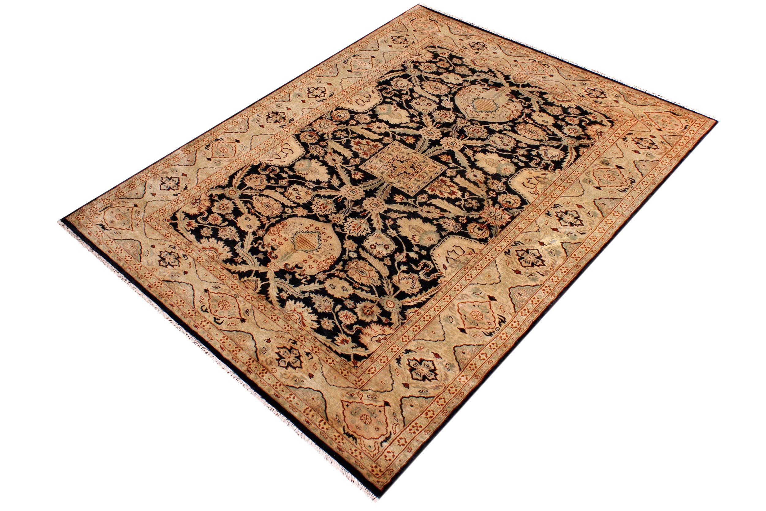 handmade Traditional Lahore Black Tan Hand Knotted RECTANGLE 100% WOOL area rug 6' x 9'