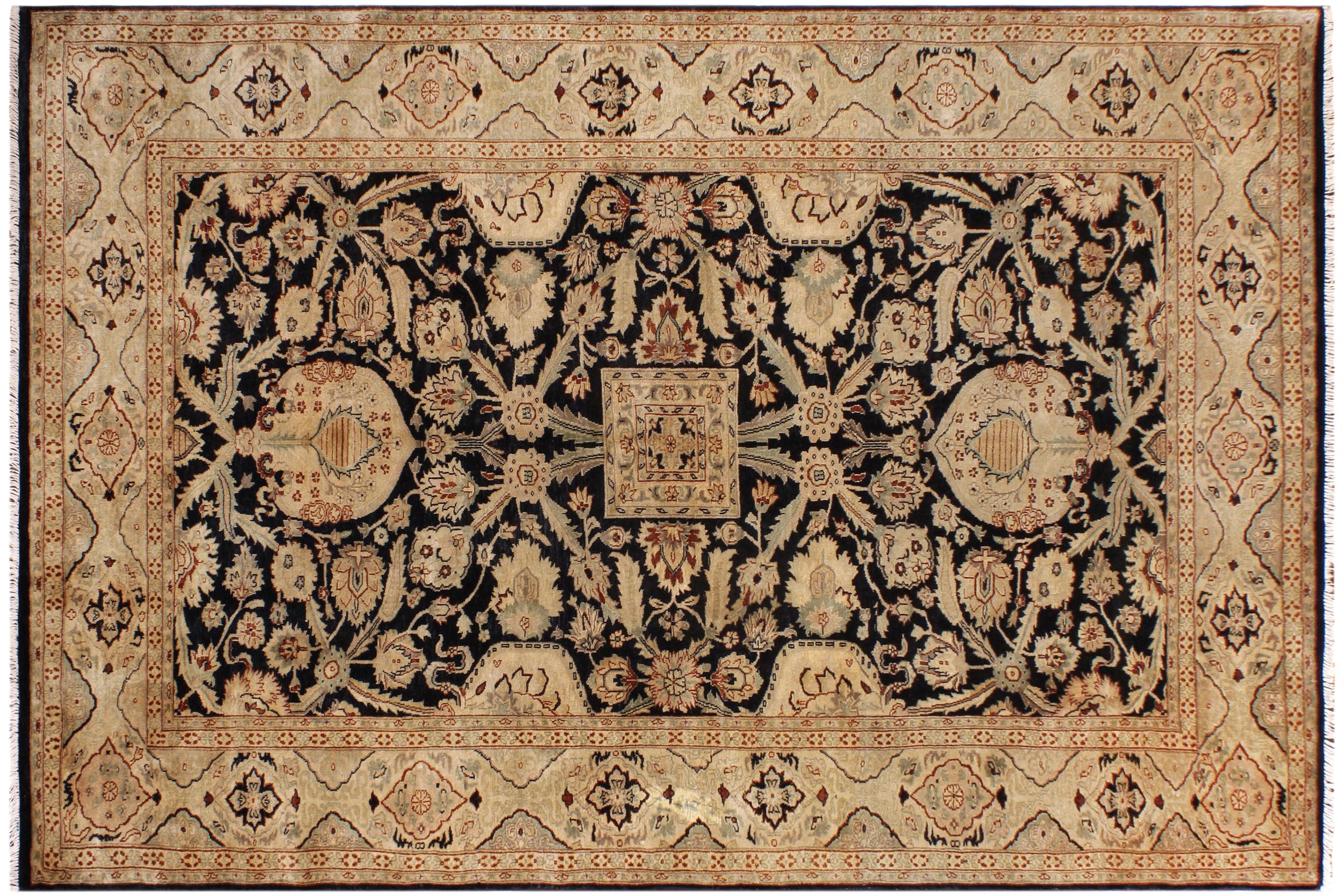 handmade Traditional Lahore Black Tan Hand Knotted RECTANGLE 100% WOOL area rug 6' x 9'