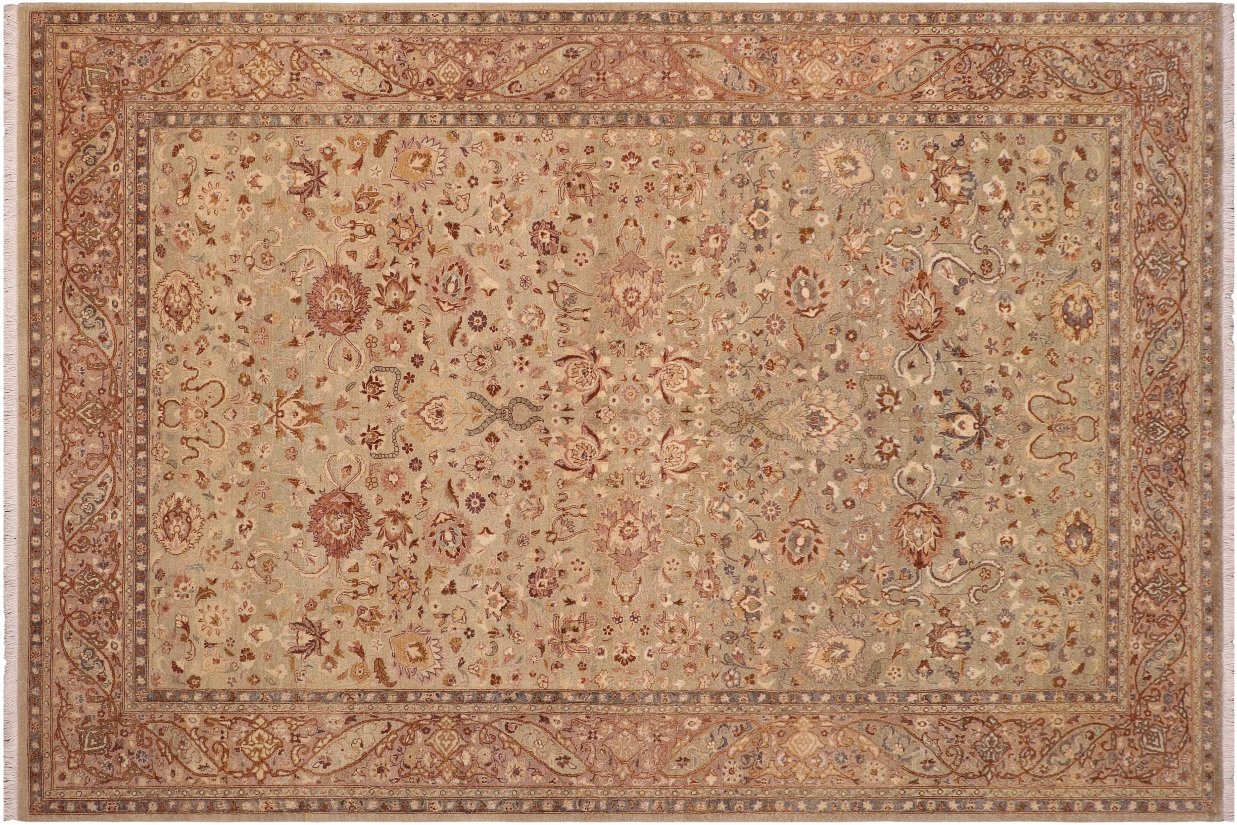 handmade Transitional Kashan Lt. Green Tan Hand Knotted RECTANGLE 100% WOOL area rug 6 x 9