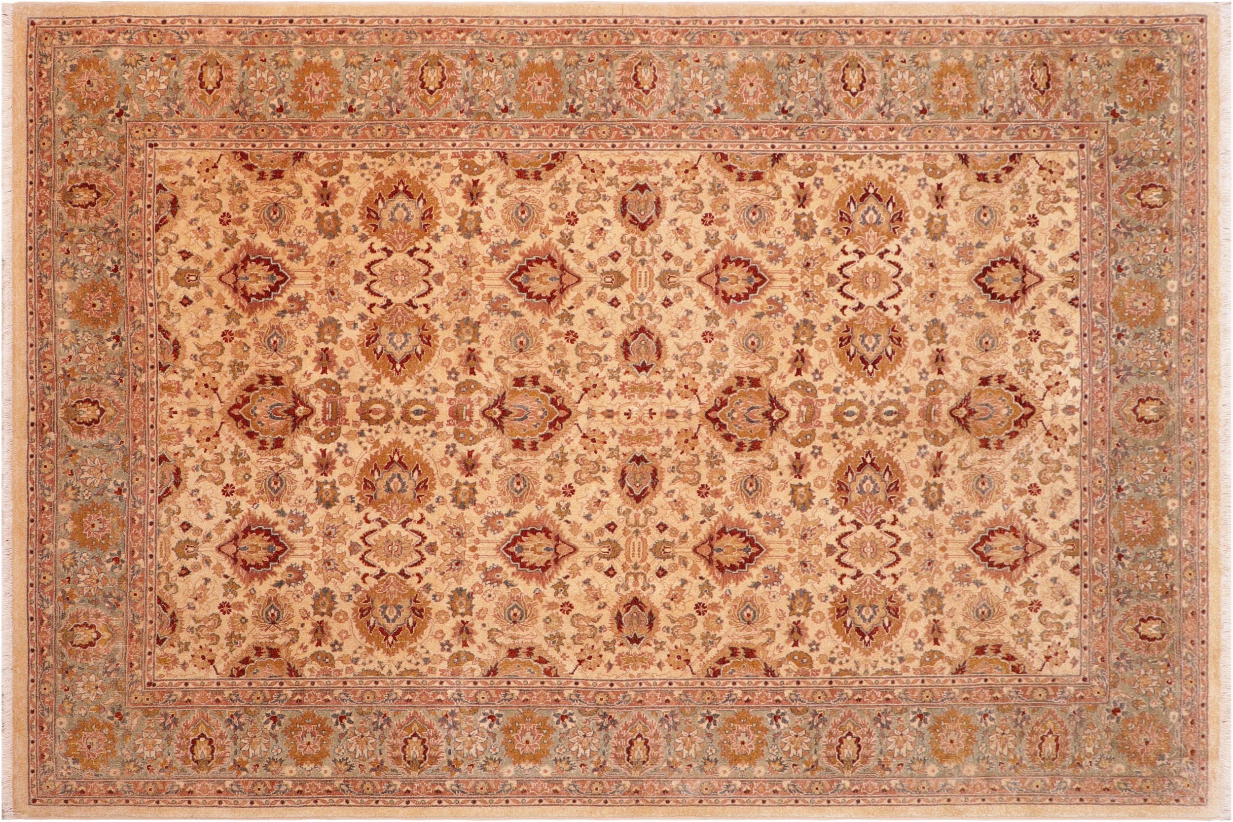 handmade Traditional Lahore Gold Lt. Green Hand Knotted RECTANGLE 100% WOOL area rug 6' x 9'