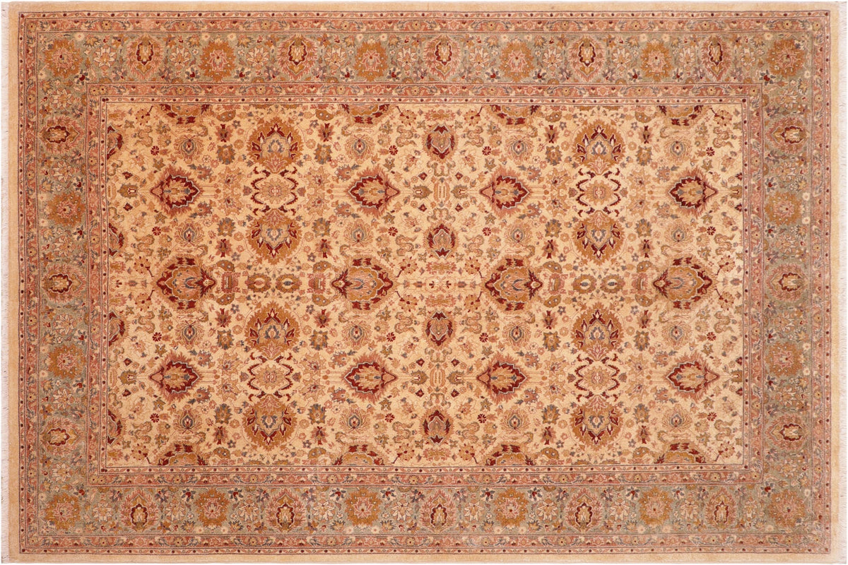 handmade Traditional Lahore Gold Lt. Green Hand Knotted RECTANGLE 100% WOOL area rug 6' x 9'