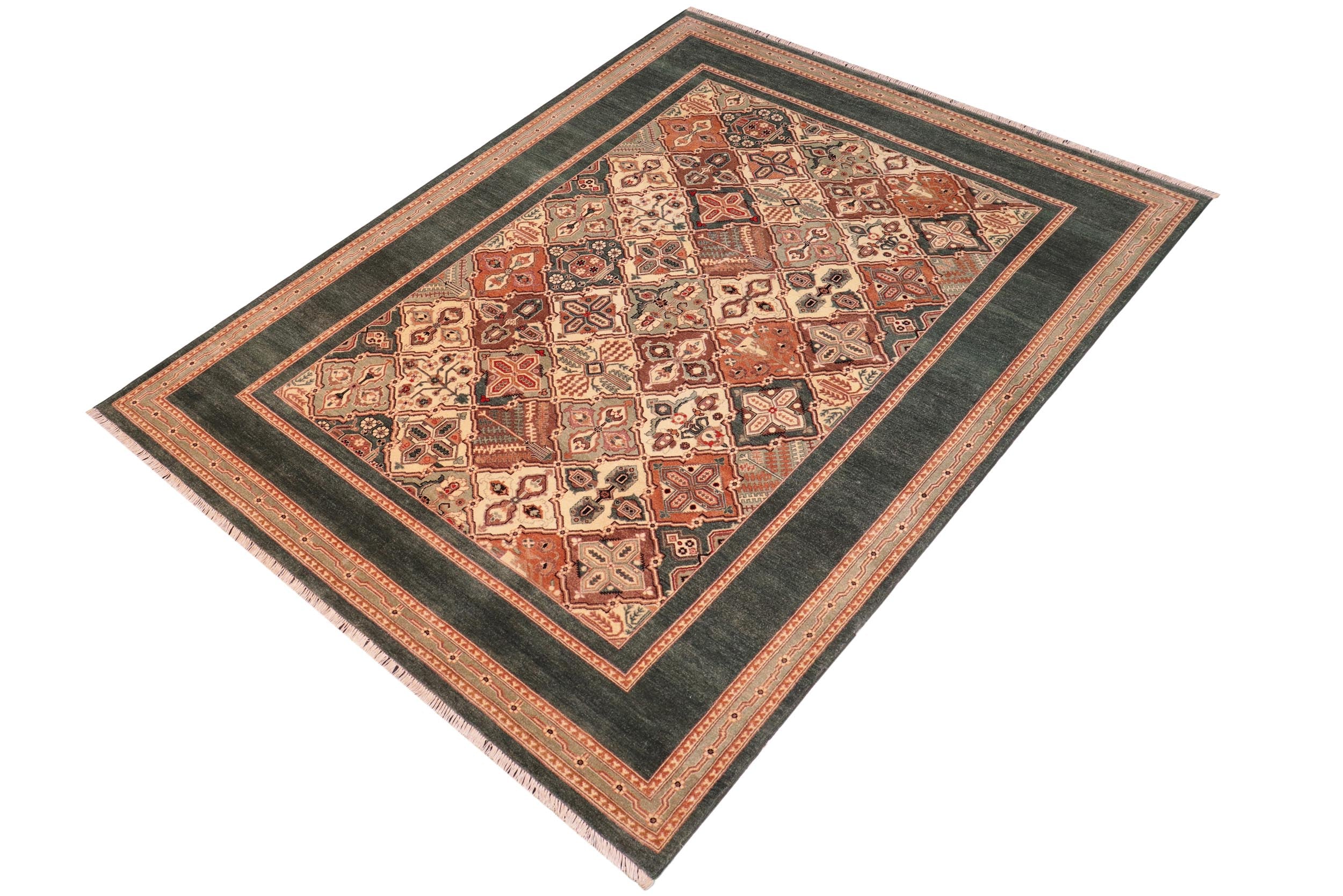 handmade Transitional  Green Multi Hand Knotted RECTANGLE 100% WOOL area rug 6' x 9'