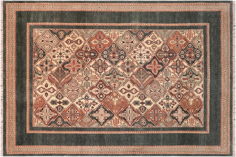 handmade Traditional  Green Multi Hand Knotted RECTANGLE 100% WOOL area rug 6'X9'