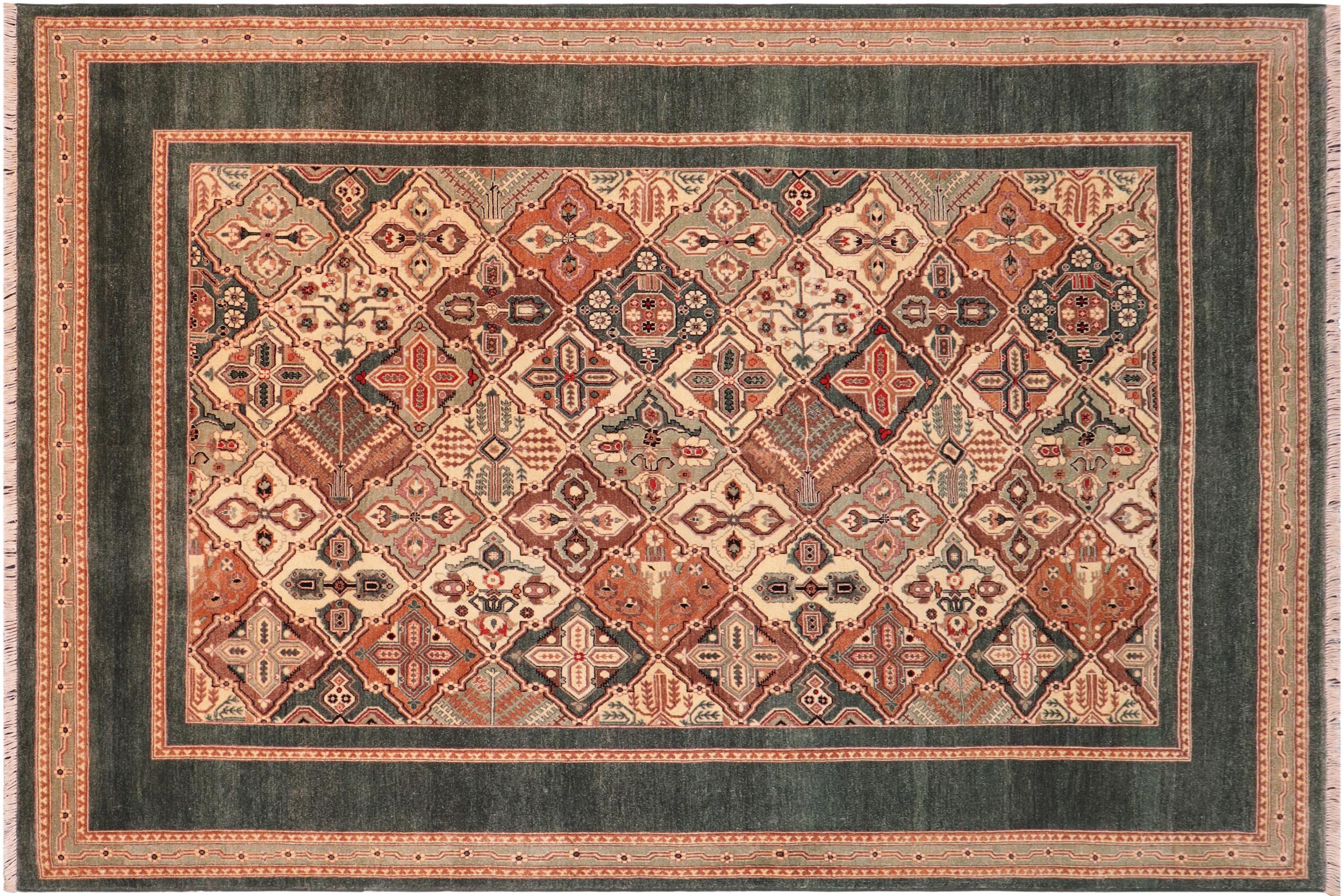 handmade Transitional  Green Multi Hand Knotted RECTANGLE 100% WOOL area rug 6' x 9'