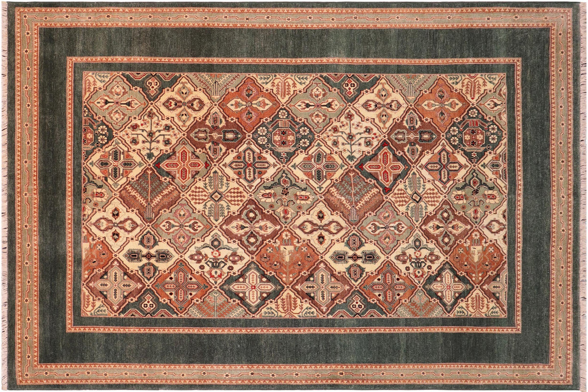 handmade Transitional  Green Multi Hand Knotted RECTANGLE 100% WOOL area rug 6' x 9'