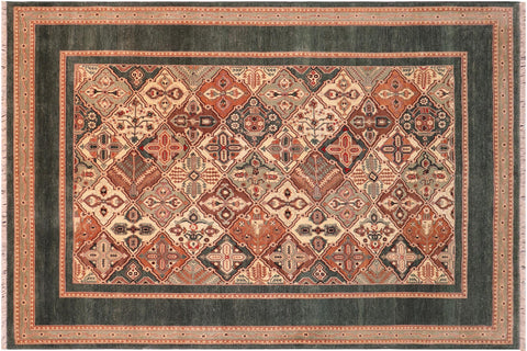 handmade Transitional  Green Multi Hand Knotted RECTANGLE 100% WOOL area rug 6' x 9'