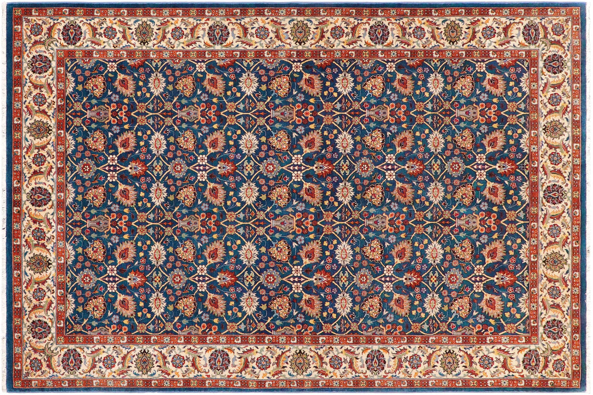 handmade Transitional  Teal Blue Ivory Hand Knotted RECTANGLE 100% WOOL area rug 6' x 9'