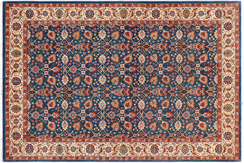 handmade Transitional  Teal Blue Ivory Hand Knotted RECTANGLE 100% WOOL area rug 6' x 9'