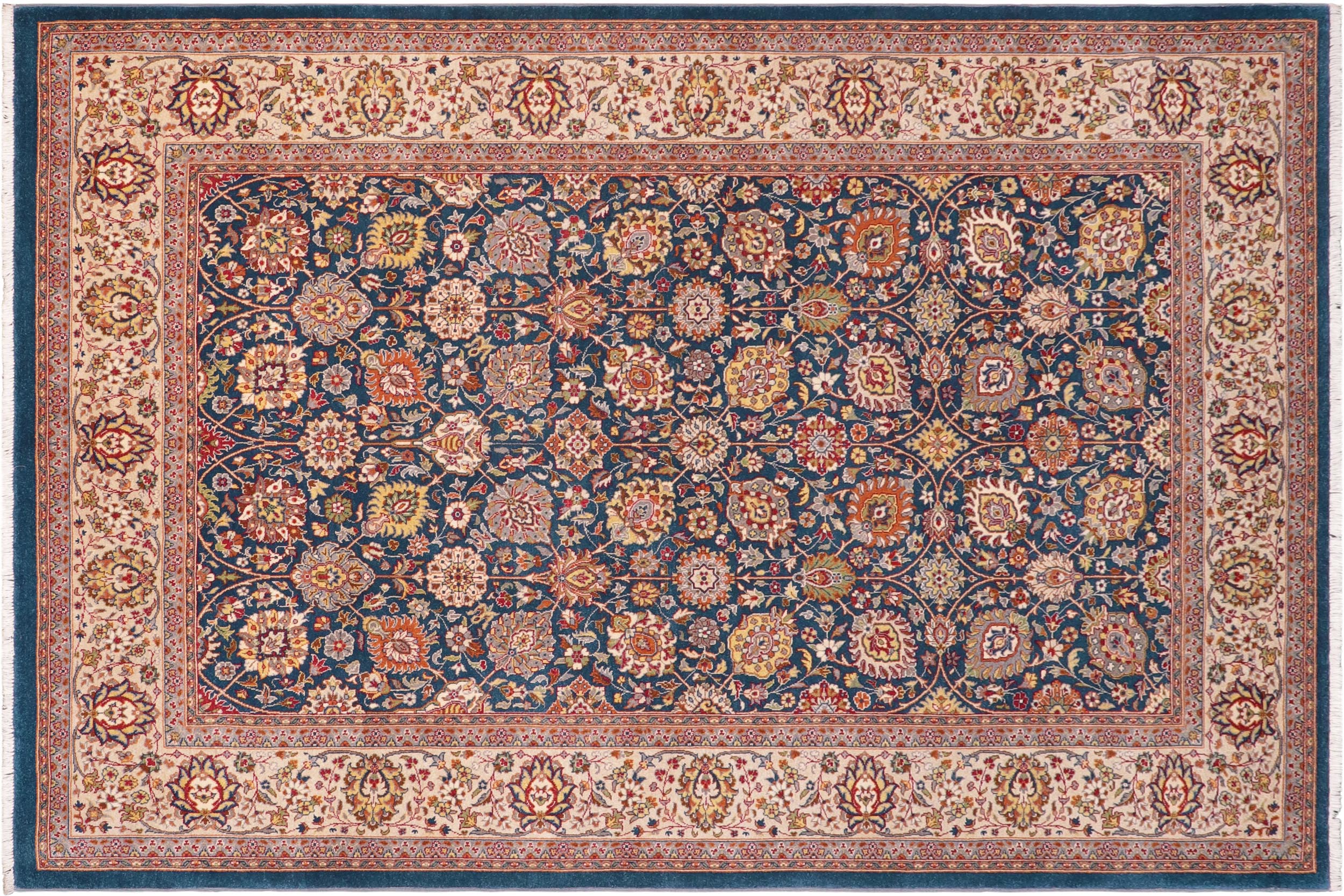 handmade Transitional Design Teal Blue Ivory Hand Knotted RECTANGLE 100% WOOL area rug 6' x 9'