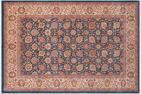 handmade Transitional Design Teal Blue Ivory Hand Knotted RECTANGLE 100% WOOL area rug 6' x 9'