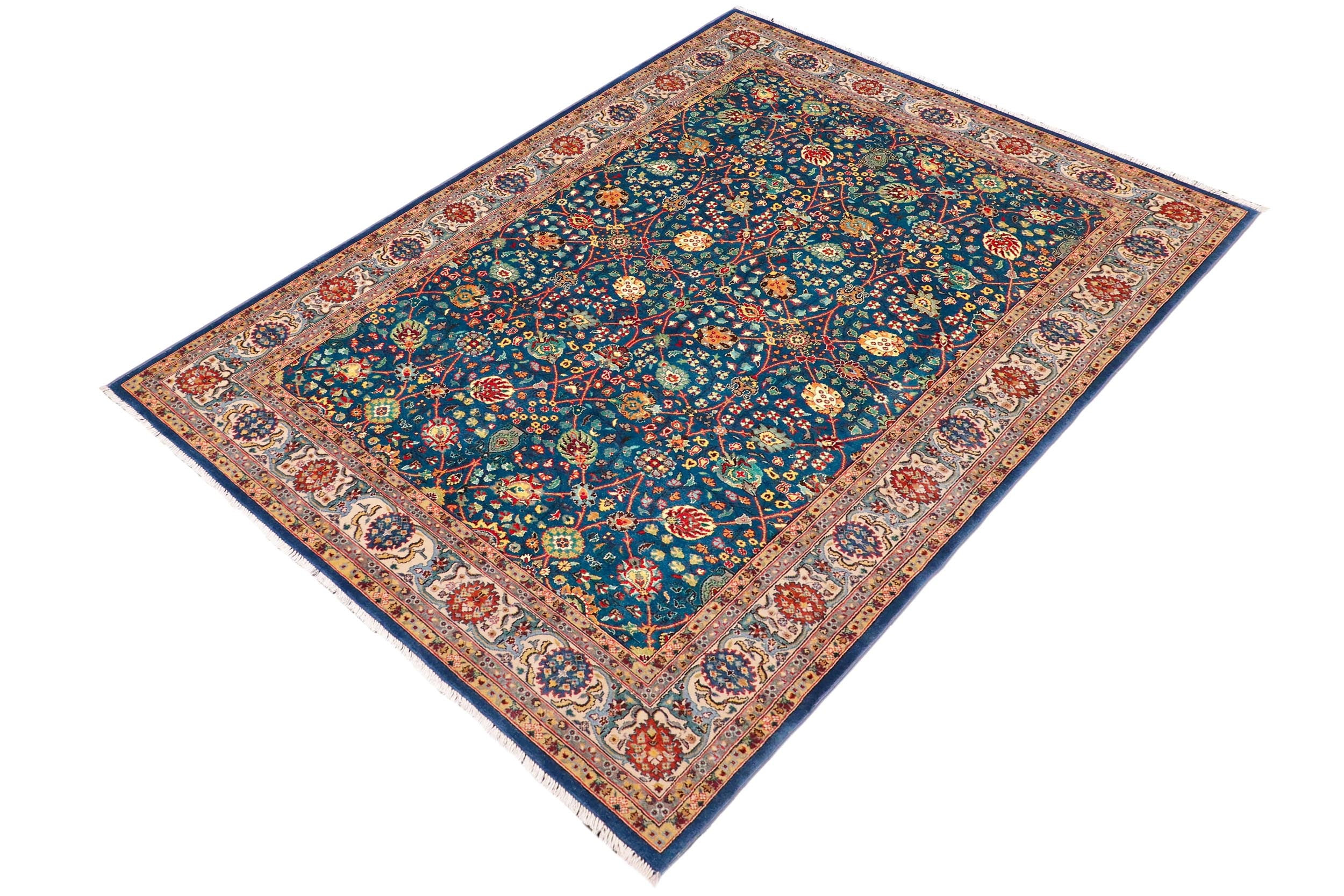 handmade Traditional Design Teal Blue Ivory Hand Knotted RECTANGLE 100% WOOL area rug 6' x 9'