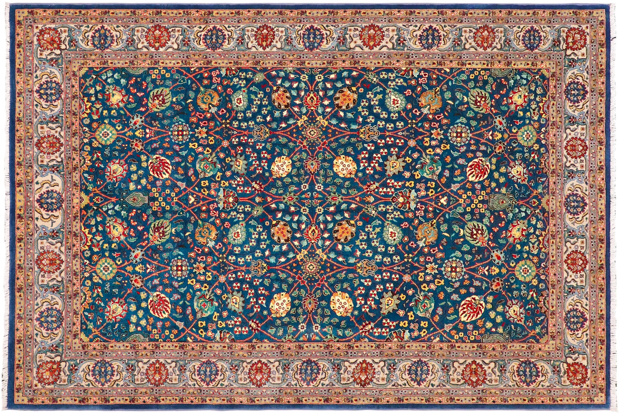 handmade Traditional Design Teal Blue Ivory Hand Knotted RECTANGLE 100% WOOL area rug 6' x 9'