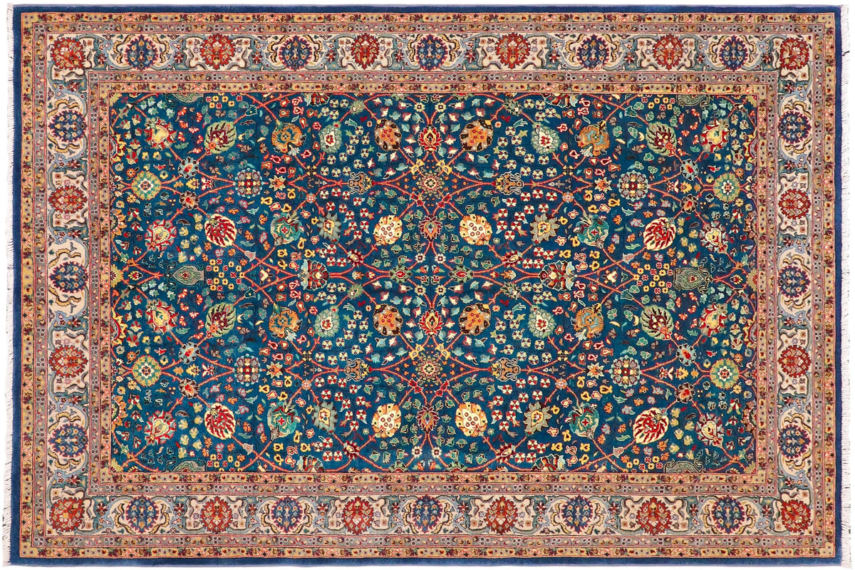 handmade Traditional Design Teal Blue Ivory Hand Knotted RECTANGLE 100% WOOL area rug 6' x 9'