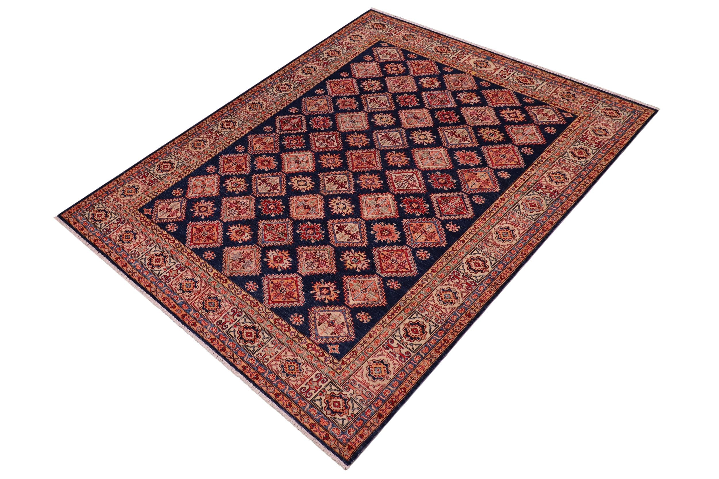 handmade Geometric Super Kazak Blue Beige Hand Knotted RECTANGLE 100% WOOL area rug 8' x 9'