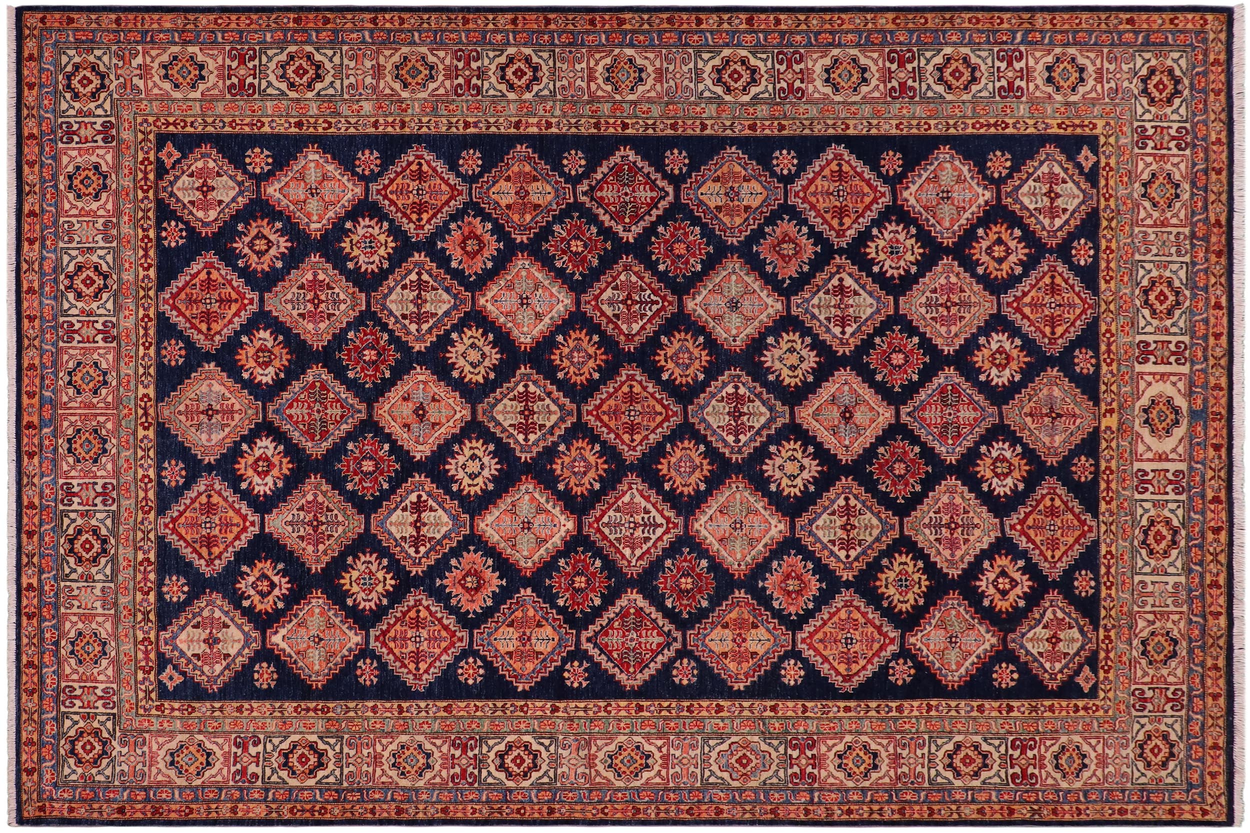 handmade Geometric Super Kazak Blue Beige Hand Knotted RECTANGLE 100% WOOL area rug 8' x 9'