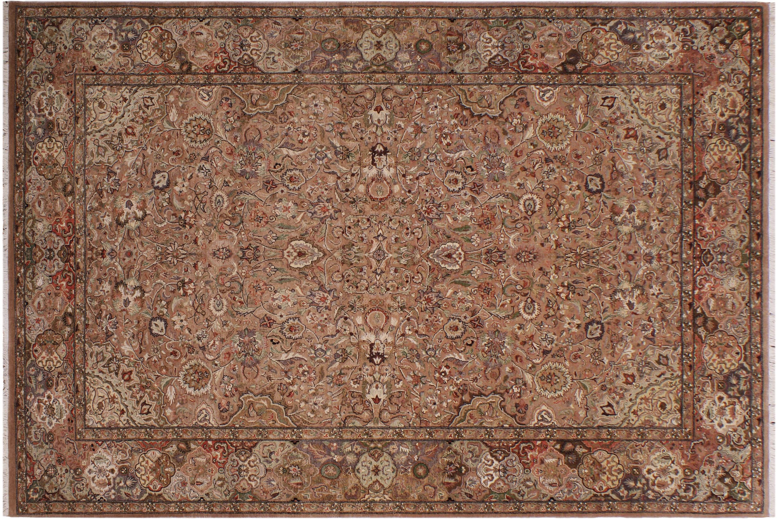 handmade Traditional Lahore Tan Lt. Brown Hand Knotted RECTANGLE WOOL&SILK area rug 6 x 9