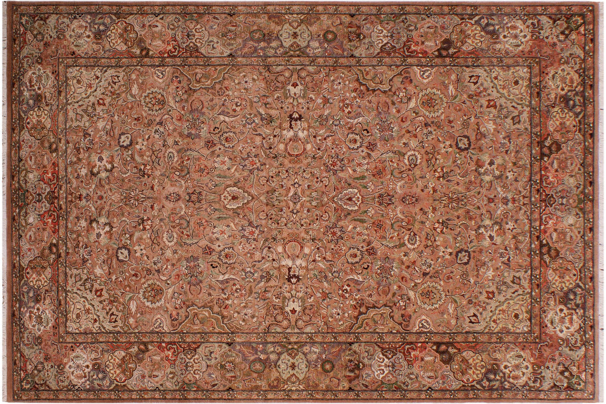 handmade Traditional Lahore Tan Lt. Brown Hand Knotted RECTANGLE WOOL&SILK area rug 6 x 9