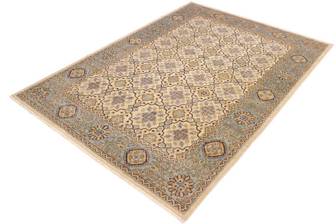 handmade Transitional Kafkaz Ivory Lt. Blue Hand Knotted RECTANGLE 100% WOOL area rug 6X8