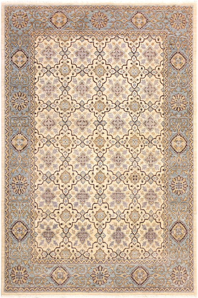 handmade Transitional Kafkaz Ivory Lt. Blue Hand Knotted RECTANGLE 100% WOOL area rug 6X8