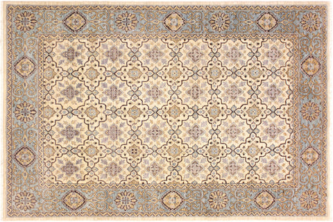 handmade Transitional Kafkaz Ivory Lt. Blue Hand Knotted RECTANGLE 100% WOOL area rug 6' x 8'