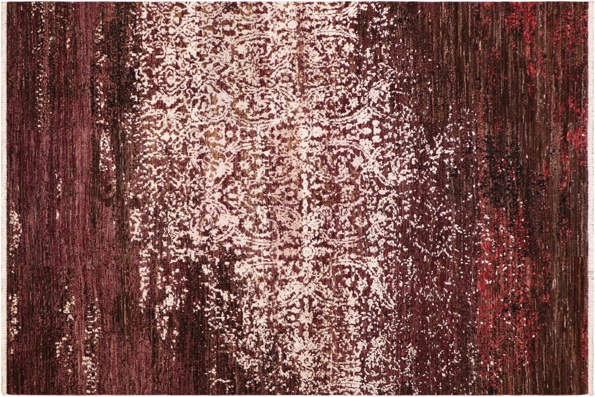 handmade Modern Kafkaz Brown Purple Hand Knotted RECTANGLE WOOL&SILK area rug 6' x 9'