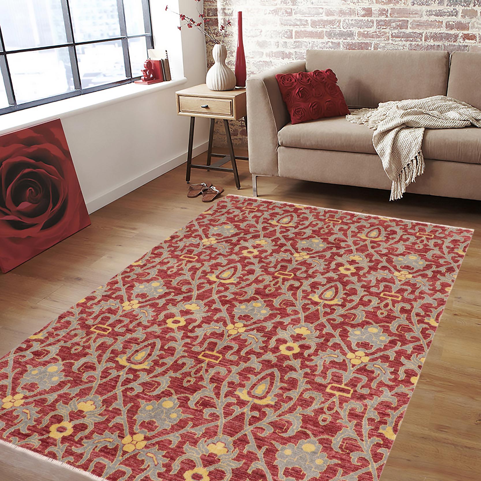 handmade Modern Modern Red Gray Hand Knotted RECTANGLE 100% WOOL area rug 6' x 9'