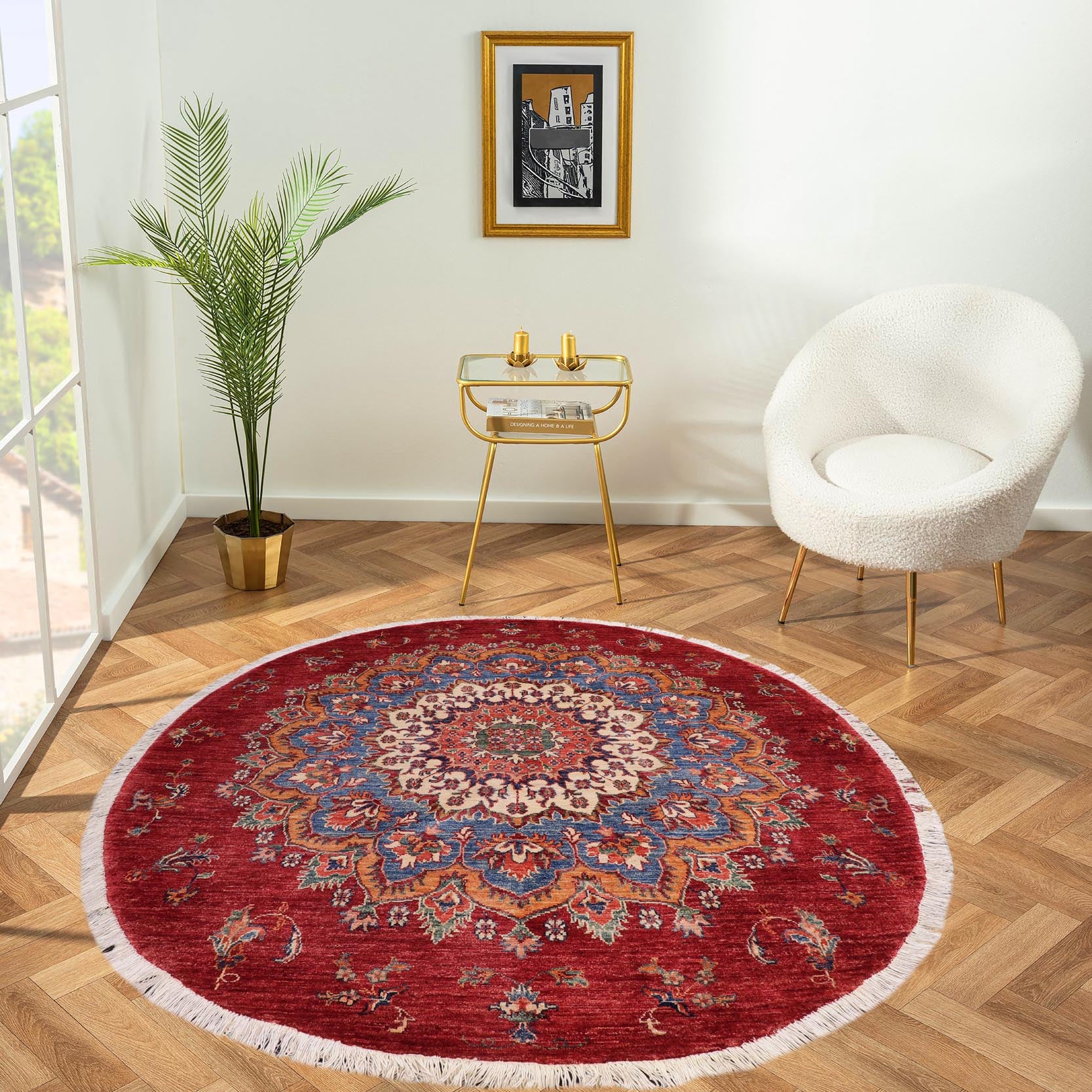 handmade Geometric Kurjean Blue Red Hand Knotted ROUND 100% WOOL area rug 6x6