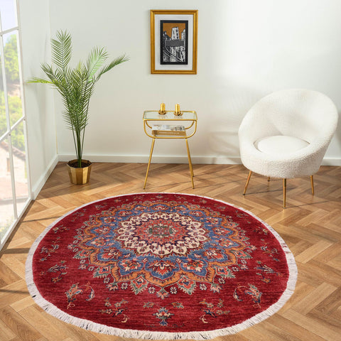 handmade Geometric Kurjean Blue Red Hand Knotted ROUND 100% WOOL area rug 6x6